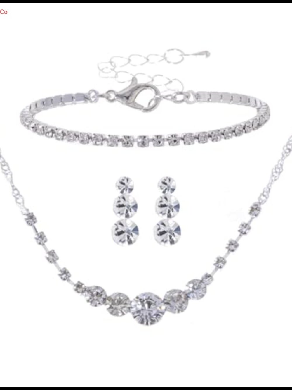 Silver Rhinestone Crystal Bridal Jewelry Set Necklace Earrings Bracelet